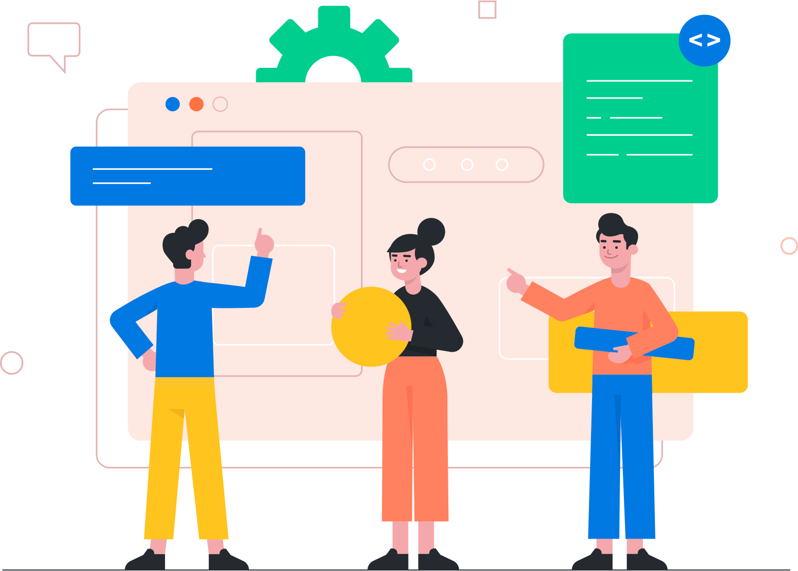 Üç kişi web sitesinin SEO performansını ve hızını analiz ediyor, biri elinde çark tutuyor, arka planda web sayfası tasarımı