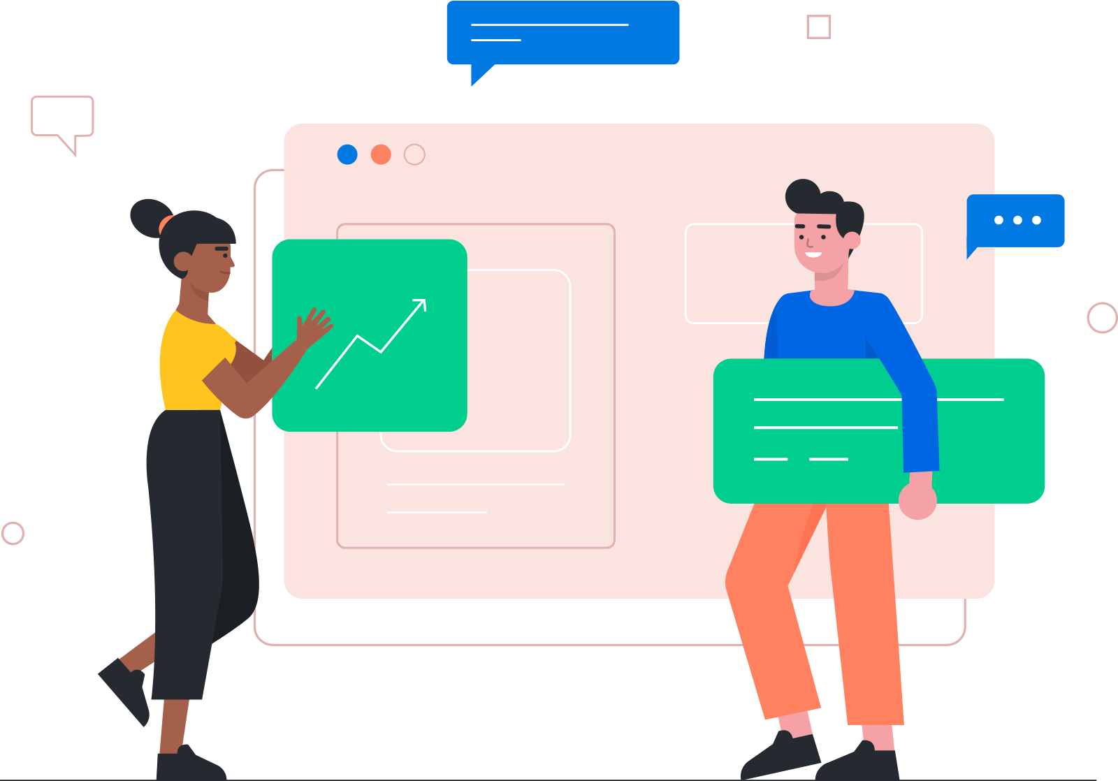Modern web siteleri ve akıllı yazılım çözümleri üreten ekip, bilgisayarlar ve dijital tasarım öğeleriyle çizim